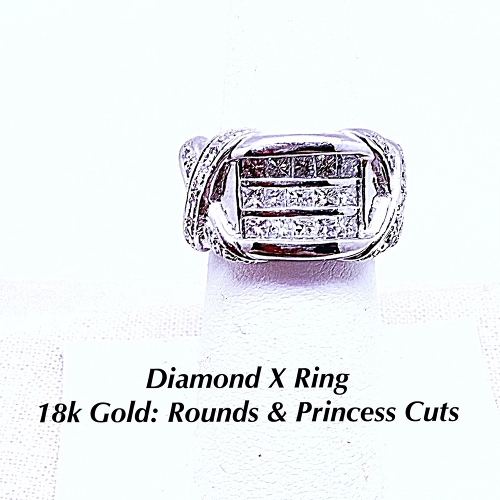 Princess and Round Diamonds, 18k White Gold X Band Ring Sizable 6, Preowned